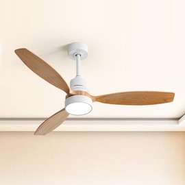 CACI Mall 52 Inch Wood Ceiling Fans with Lights,Natural,Modern,Remote Control,3 Wood Blades,Flush Mount, for Bedroom, Farmhouse, Living Room, Dining Room