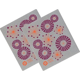 Trendy Tripper Swedish Dishcloth, Jenn Ski Mid-Century Modern Design - Daisy (Eggplant + Orange on Grey Cloth) (2)