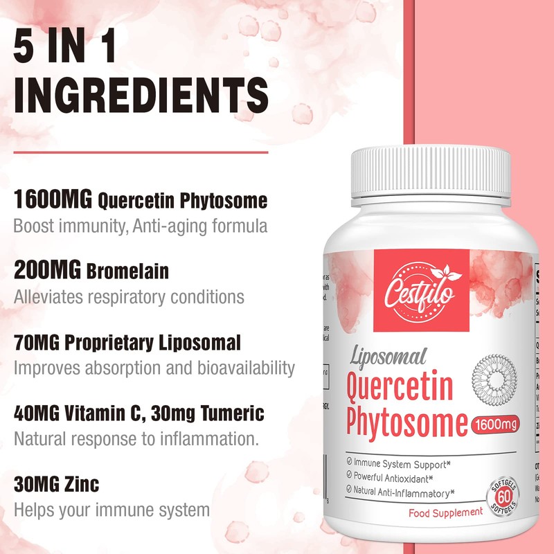Liposomal Quercetin Phytosome 1600mg Per Serving, with Bromelain & Vitamin
