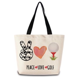 ZhuVantrix Peace Love Golf Tote Bag Reusable Grocery Bags Aesthetic Shopping Shoulder Handbag with Interior Zipper Pocket Stylish Golf-themed Present for Golf Lovers Fans Women