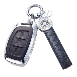 SHANGHONG for Hyundai Elantra Key Fob Cover with Keychain Genuine Leather Crystal Key Case Protector Compatible with 2021 2020 2019 Hyundai Elantra Ioniq Sonata Tucson Elantra GT Smart Key (Black)