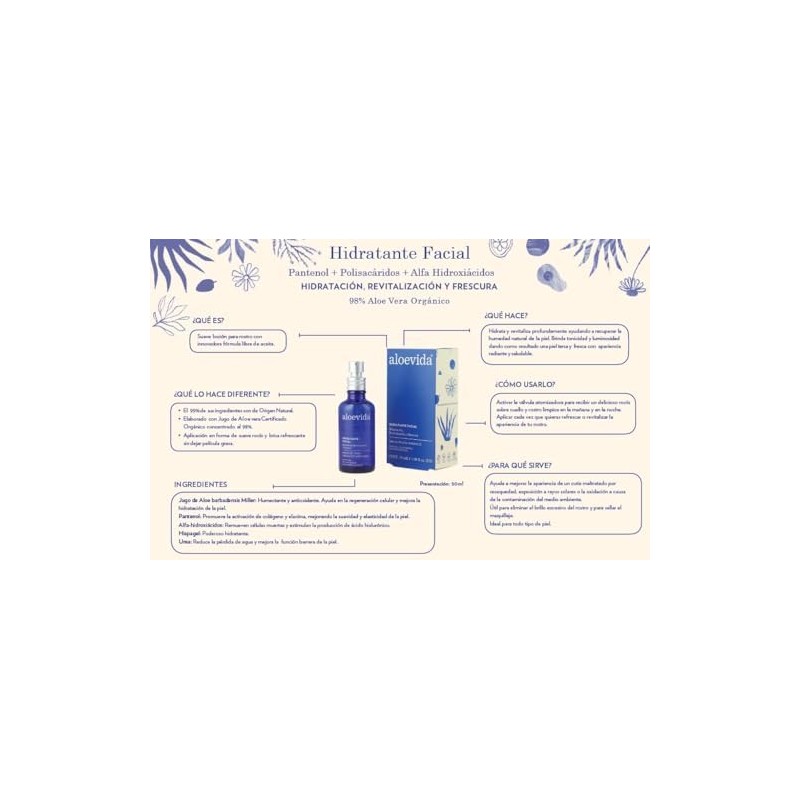 Aloevida Hidratante Facial 98% Aloe vera orgánico 50 mL