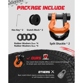 AMBULL D Ring Split Shackle with Snatch Block 2Set, 3/4" Split Shackles w/Snatch Block Pulley, Heavy Duty Shackle for Towing Winch, Pulley for Off-Road Vehicle Recovery, Truck, ATV, UTV, BlackOrange