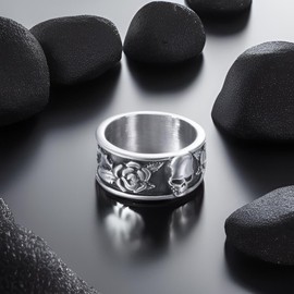 ELFASIO Keep Going Ring Stainless Steel Gothic Rose Skull Rings for Men Women Band Silver Skeleton Cocktail Party Ring Size 11