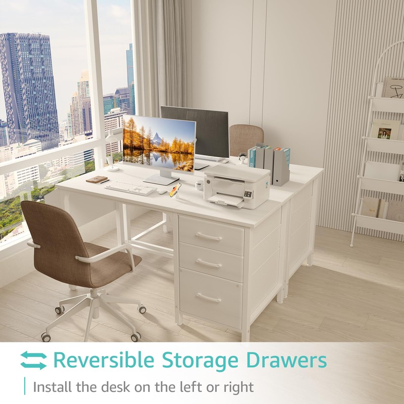 Lufeiya White Desk with Fabric File Drawers Cabinet, 47 Inch