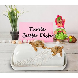 Turtle Stylish Ceramic Butter Dish Covered with Lid and Handle - Modern Countertop Butter Storage