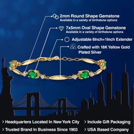 Gem Stone King 18K Yellow Gold Plated Silver Green Nano Emerald and White Lab Grown Diamond Tennis Bracelet For Women | 2.70 Cttw | Gemstone May Birthstone | Oval 7X5MM | 6 Inch + 1 Inch Extender