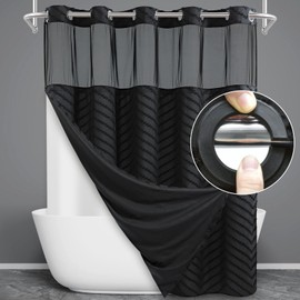 WONICY No Hook Shower Curtain with Snap in Liner, Black Tufted Chevron Striped Shower Curtains for Bathroom, Waterproof & Washable, 71Wx74H