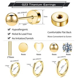 G23 Titanium Earrings - Dot Ball Opal Cubic Zirconia Stud and Hoop Set - Flat Back for Women (B-Gold)