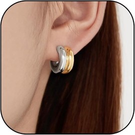 Women's simple and fashionable double-layer C-shaped semi-circular gold silver mixed earrings (Gold and silver, One size)