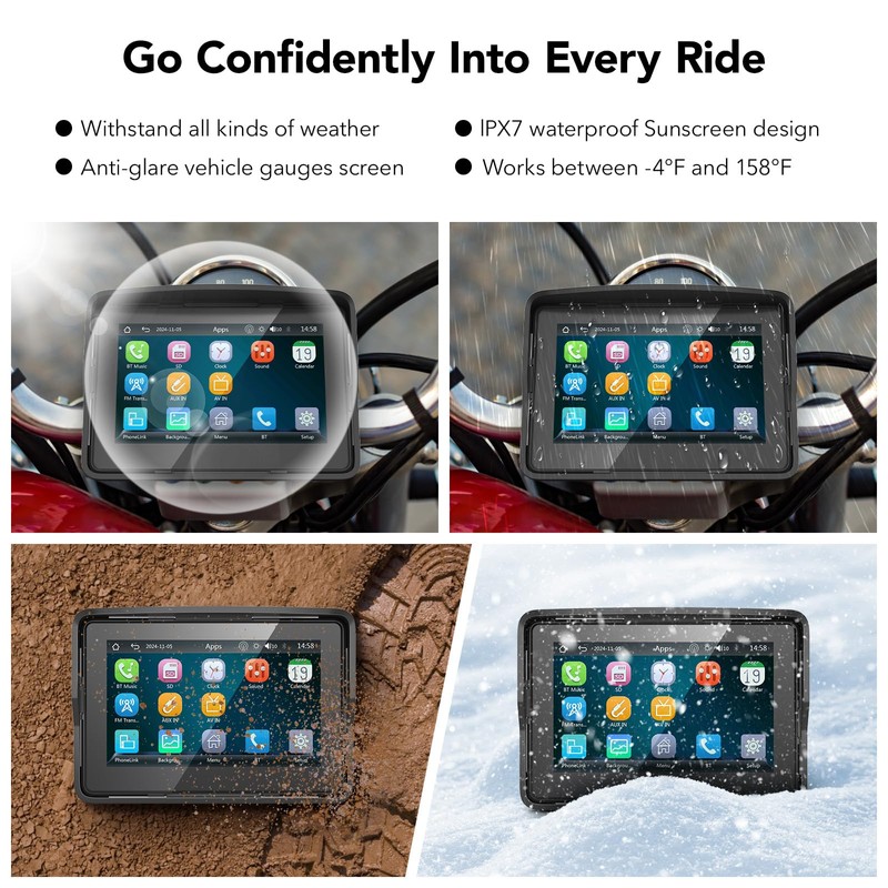 YCV Motorcycle Carplay Screen, Wireless CarPlay & Android Auto for