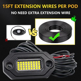 4Pods Metal Bright Pure White LED Rock Lights Kit,Per pod provided 15FT Power Cord,6500K 36LEDs Neon Underglow Light Aluminum Waterproof Fender Lights for Trucks Trailer Jeep Off Road ATV UTV