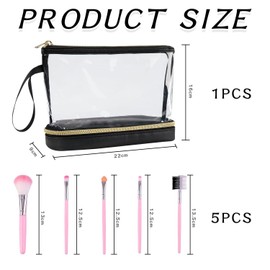 1 x transparent waterproof cosmetic bag and 5 x pink make-up brushes, portable cosmetic bag, travel accessories, cosmetic bag with large capacity