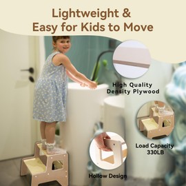 OgiOgi Toddler Step Stool, 2 Step Wooden Toddler Kitchen Stool Helper for Bathroom Sink, Toilet & Potty Training, 330lbs Capacity Stools for Kids with Safe Non-Slip Pads and Handles-Honey Beige(2PCS)