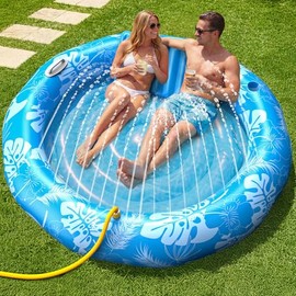 Pool Inflatable Tanning Pool Lounger Float with Sprinkler, 72"x65" Round Pool Float Adults with Pillow XL Cup Holder Handle Blow Up Tanning Bed for Summer Sunbathing Water Lounge Party Gifts, Blue