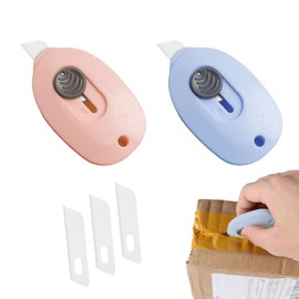 Cardboard Cutter Ceramic Blades Set of 2 Automatic Recovery Rust Proof Heavy Duty Replacement Blades Included for Opening Packaging Paper Tape Cardboard Cutting Home Office (Blue + Pink)