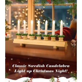 Lewondr Christmas Swedish Candelabra, Electric Candles with 7 Flameless Taper Candles, Wooden Candle Bridge Light with USB Powered, Decorative Xmas Candle Lights for Window Party Wedding, Wood