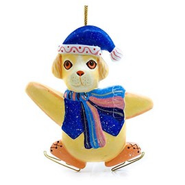 Ice Skate Dog Ornament - Hand Carved Ice Skating Puppy Christmas Ornament, Holiday Decoration