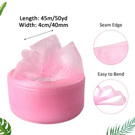 Bealif Pink Organza Ribbon 40mm, 45M Pink Chiffon Ribbon Sheer Hair Ribbon Gift Wrap Ribbon for Gift Wrapping, DIY Sewing Project, Florist Flower, Wedding Valentine's Day Anniversary Decoration