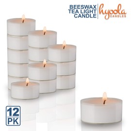 Hyoola Pure White Beeswax Tea Lights - 12 Pack - Handmade Decorative Unscented - Tealight Candles - 4 Hour Burn Time, Clear Cup