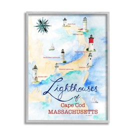 Stupell Industries Coastal Map of Cape Cod Massachusetts Lighthouses, Design by Melissa Hyatt LLC Grey Framed Wall Art, 16 x 20, Blue