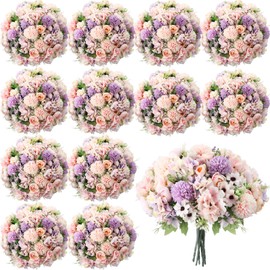 Tigeen 24 Bundles Peonies Artificial Flowers Faux Roses Artificial Flowers Hydrangea Bouquet for Wedding Table Centerpiece Floral Vase Home Office Bridal Decor(Purple,Pink)