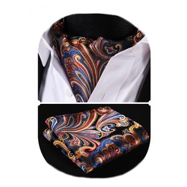 HISDERN Men's Tie Scarf Floral Paisley Ascot Tie Wedding Business Neckerchief and Pocket Square Set, Orange / Blue