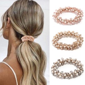 BARTOSI Rhinestone Hair Ties Champagne Pearl Ponytail Holder Hair Elastic BandsHair Scrunchies Hair Accessories for Women and Girls (Pack of 3)