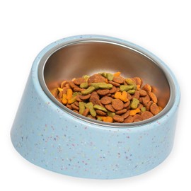 Bzyoo 16oz Tilted Dog Bowl for Small Dogs & Cats, Stylish Sprinkle Design, Elevated, Stainless Steel Inner Bowl, Non-Skid, Reduce Spillage, BPA-Free, Dishwasher Safe Color:Blue