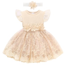 Toddler Girls Summer Tulle Dress with Ruffles Sleeveless Casual Floral Baby Dress（Apricot,6-12M）