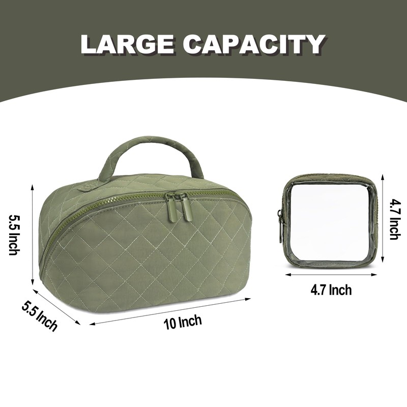Makeup Bag,Quilted Puffer Cosmetic Bag for Women, 180° Lay-Flat Travel