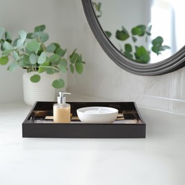 Howard Elliott Elias Horned Tiled Wooden Serving Tray with Handle, Brown & Black Finish Decorative Square Wooden Tray Platters for Serving on Breakfast, Parties, Weddings, 15.75 x 15.75 Inch