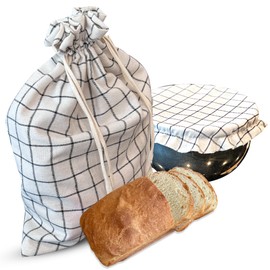 Touchet Heritage Bread Bags for Homemade Bread With Bowl Cover| Reusable Bread Bag| Sourdough Bread Bags| Linen Bread Bag| Homemade Bread Storage| Bread Proofing Cover| Bread Bag Set, black and white