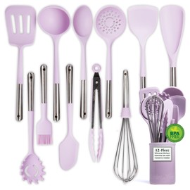 Larder & Vine 12-Piece Silicone Kitchen Cooking Utensils Set with Stainless Steel Handle and Ceramic Holder, Dishwasher Safe Set of Kitchen Essentials (Lavender)