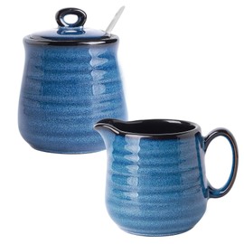 Hasense Sugar and Creamer Set, 3 Pieces with 11 Ounce Sugar Bowl with Lid and Spoon, 10 Ounce Creamer Pitcher, Ceramic Milk Pitcher and Sugar Pot for Coffee Bar, Coffee Serving Set, Navy Blue