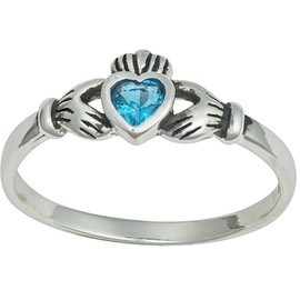 .925 Sterling Silver Aqua CZ .25 cttw Simulated Diamond Claddagh Ring, Size 8