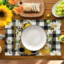 Artoid Mode Buffalo Plaid Gnomes Honey Summer Placemats Set of 6, 12x18 Inch Seasonal Summer Table Mats for Party Kitchen Dining Decoration