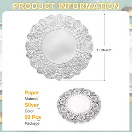 sourcing map 50 Pcs Round Paper Doilies, 4.3 Inch Disposable Lace Doilies for Food Tableware Parties Weddings Birthday, Silver