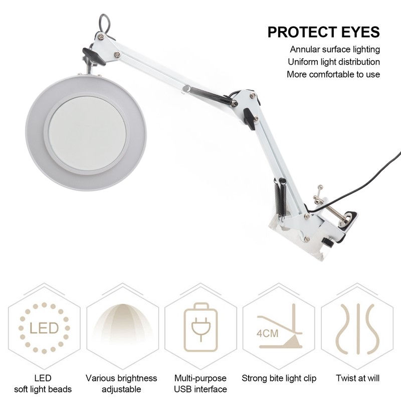 5X Magnifying Glass Clip On LED Tattoo Desk Lamp USB