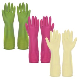 WATUNID 3 Pairs of Household Gloves, Long Rubber Gloves, Reusable Cleaning Gloves, Waterproof Kitchen Gloves for Dishwashing, Laundry Cleaning, Bathroom, Car (Medium Size)