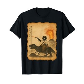 black cat samurai riding dinosaur volcanic eruption art T-Shirt