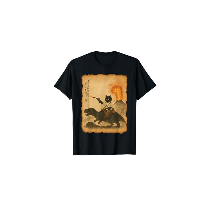 black cat samurai riding dinosaur volcanic eruption art T-Shirt