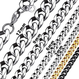 Bandmax Classic Curb Chain Necklace 4 mm/6 mm/9 mm Wide Cuban Link Chain for Women Men Boys Girls Hip Hop Cuban Chain Fashion Jewellery 36 cm to 76 cm Gold/Black/Silver, Metal, No Gemstone