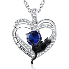 Cat Necklace for Women Sterling Silver Black Cat Pendant September Birthstone Sapphire Necklace Cute Animal Jewellery Wedding Anniversary Birthday Gifts for Wife Mom Daughter