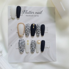 Black tweed gold point handmade nail tip - long ballet / 블랙 트위드 골드포인트 수제네일팁 - 롱발레