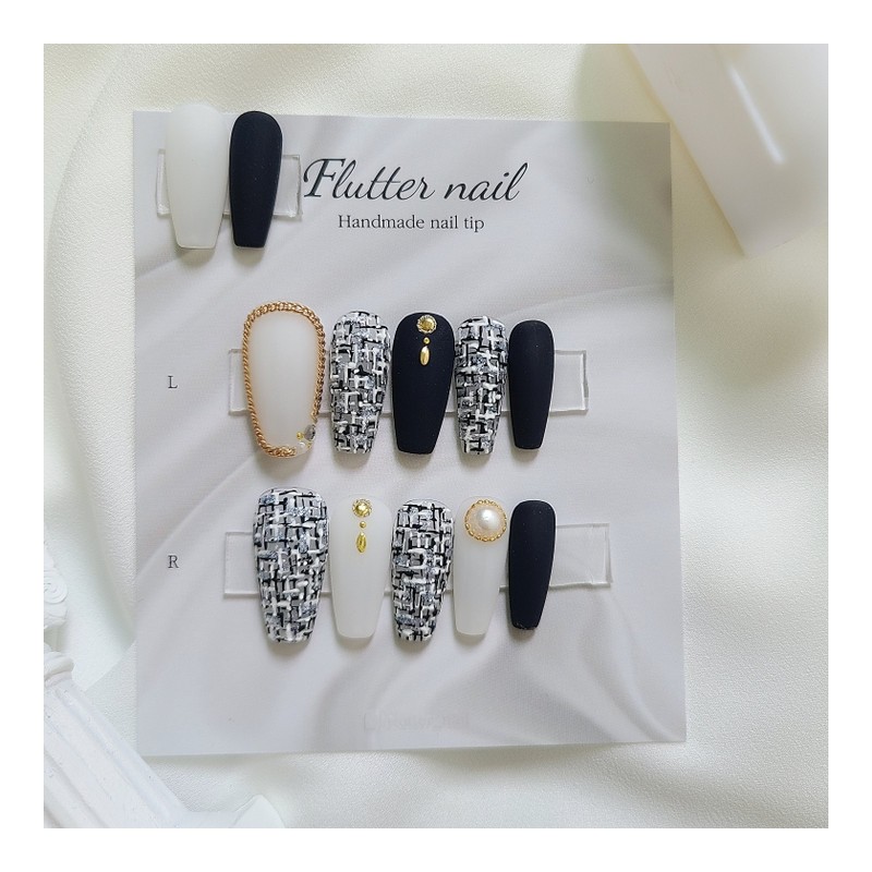 Black tweed gold point handmade nail tip - long ballet