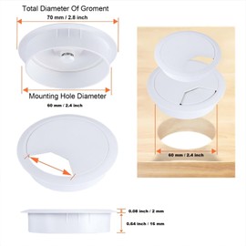 8 Pack 60mm Plastic Desk Cable Grommets, White Wire Organizer Caps, Round PC Computer Port Cable Hole Cover Plug Bushings, Perfect for Hide Data Cords in Office Desk, TV Stands, Tabletops and More