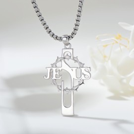 KoyeKei Crown of Thorns Necklace for Men Women Jesus Cross Pendant Necklaces 925 Sterling Silver Christian Catholic Jewelry Gifts for Boyfriend Father, Medium, Sterling Silver, Turquoise