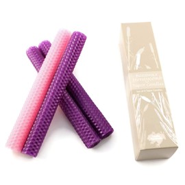 Set of Four 8" Tall Hand Rolled Honeycomb Advent Beeswax Taper Candles - Each Candle Measures Approx. 8" x 1" - Includes 3 Purple and 1 Pink Advent Taper Candles - Made in The USA