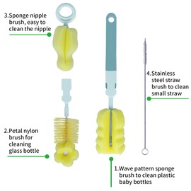 SEBIKAM 4-in-1 Baby Bottle Brush Set,Sponge Bottle Brush Cleaner Set with Nipple Cleaner,Straw Cleaning Brush,Long Handle Water Bottle Brush,for Cleaning Glass and Plastic Baby Nursing Bottles